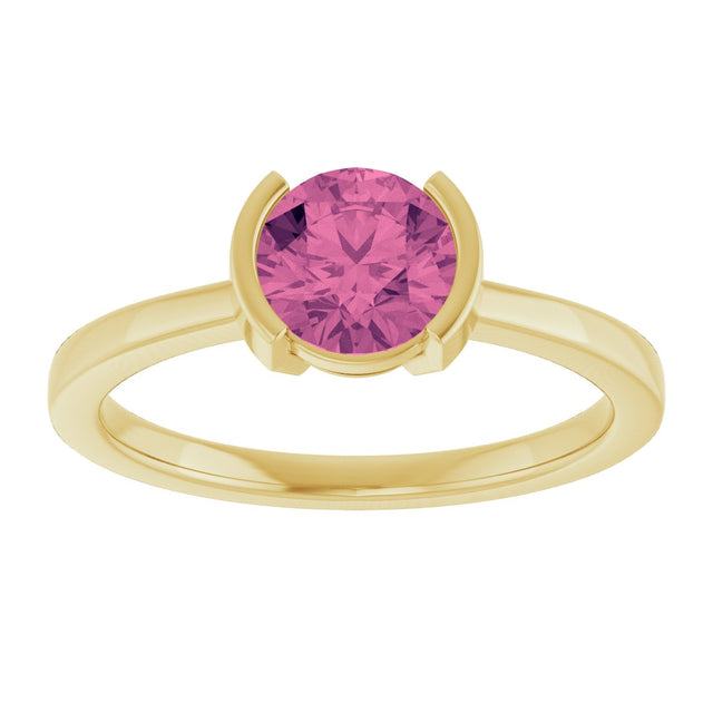 14K Gold Round Natural Pink Tourmaline Half-Bezel Ring - Yellow Gold - view 3