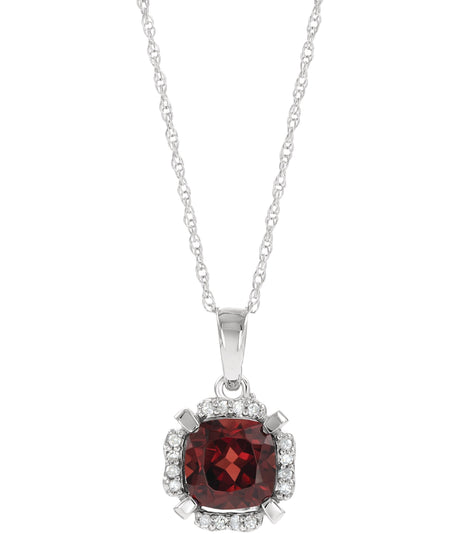 14K Gold Cushion Natural Mozambique Garnet & Natural Diamond Halo-Style Birthstone Necklace – 0.04 CTW
