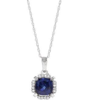 14K Gold Cushion Lab-Grown Blue Sapphire & Natural Diamond Halo-Style Birthstone Necklace – 0.04 CTW
