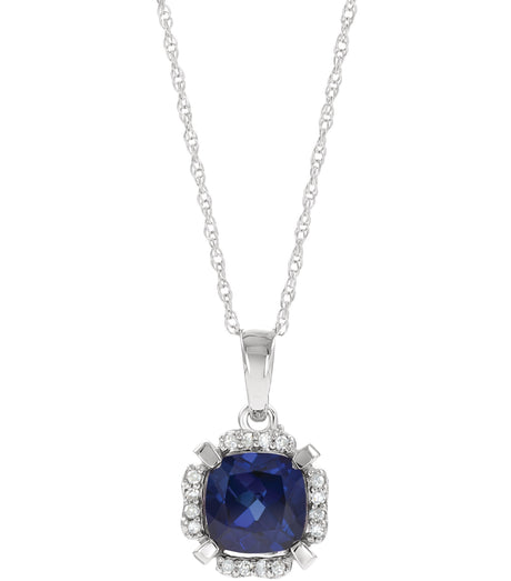 14K Gold Cushion Lab-Grown Blue Sapphire & Natural Diamond Halo-Style Birthstone Necklace – 0.04 CTW