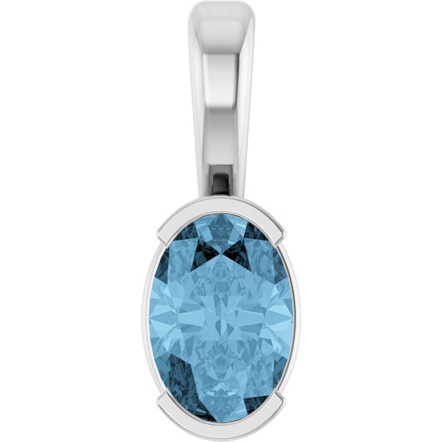 14K Gold Oval Natural Sky Blue Topaz Half-Bezel Solitaire Pendant - White Gold
