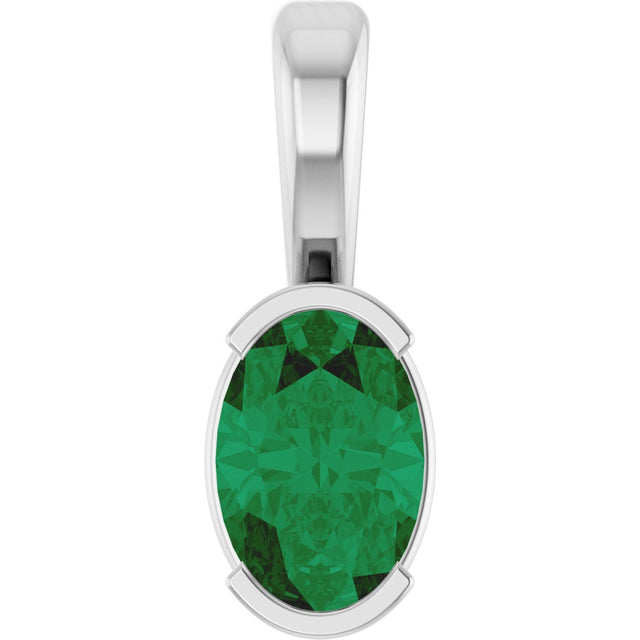 Platinum Oval Lab-Grown Emerald Half-Bezel Solitaire Pendant