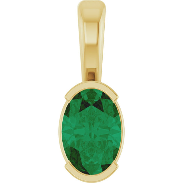 14K Gold Oval Lab-Grown Emerald Half-Bezel Solitaire Pendant - Yellow Gold
