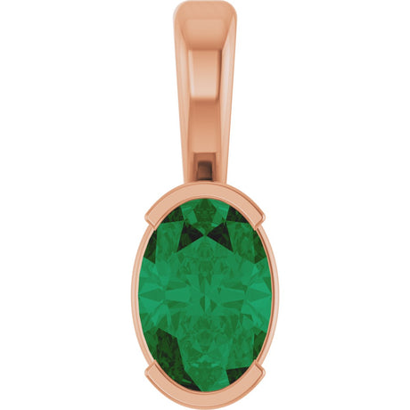 14K Gold Oval Lab-Grown Emerald Half-Bezel Solitaire Pendant - Rose Gold