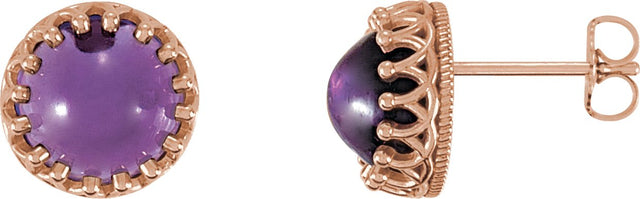 14K Gold Natural Amethyst Round Cabochon Crown Earrings