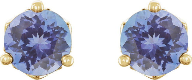 14K Gold Natural Tanzanite Round 3-Prong Stud Earrings - Yellow Gold - view 2