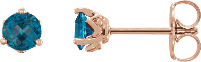 14K Gold Natural London Blue Topaz Round 3-Prong Stud Earrings - Rose Gold