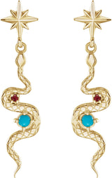 14K Gold Round Natural Turquoise & Natural Ruby Accented Snake Earrings - Yellow Gold - view 2