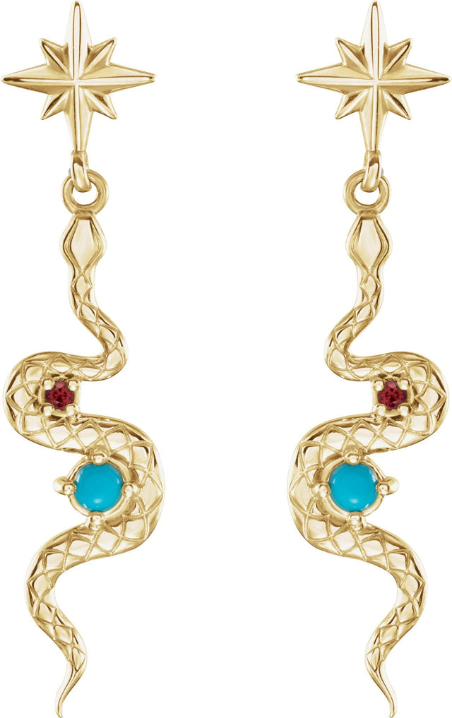 14K Gold Round Natural Turquoise & Natural Ruby Accented Snake Earrings - Yellow Gold - view 2