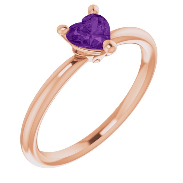 14K Gold Natural Amethyst Heart Solitaire Ring - Rose Gold