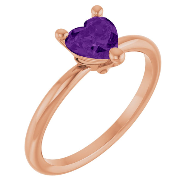 14K Gold Natural Amethyst Heart Solitaire Ring - Rose Gold