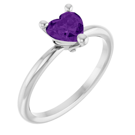 14K Gold Natural Amethyst Heart Solitaire Ring - White Gold
