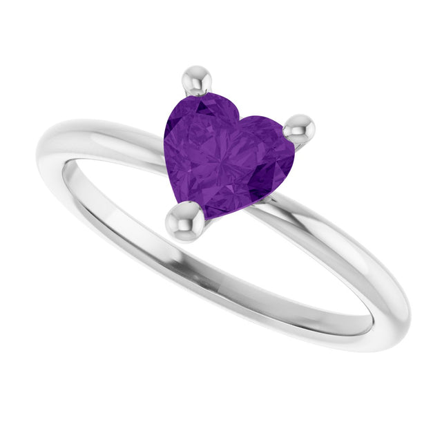 14K Gold Natural Amethyst Heart Solitaire Ring - White Gold - view 5