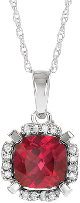 14K Gold Cushion Lab-Grown Ruby & Natural Diamond Halo-Style Birthstone Necklace – 0.04 CTW