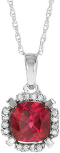 14K Gold Cushion Lab-Grown Ruby & Natural Diamond Halo-Style Birthstone Necklace – 0.04 CTW