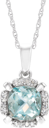 14K Gold Cushion Natural Aquamarine & Natural Diamond Halo-Style Birthstone Necklace – 0.04 CTW