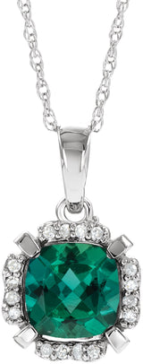 14K Gold Cushion Lab-Grown Emerald & Natural Diamond Halo-Style Birthstone Necklace – 0.04 CTW
