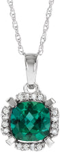 14K Gold Cushion Lab-Grown Emerald & Natural Diamond Halo-Style Birthstone Necklace – 0.04 CTW