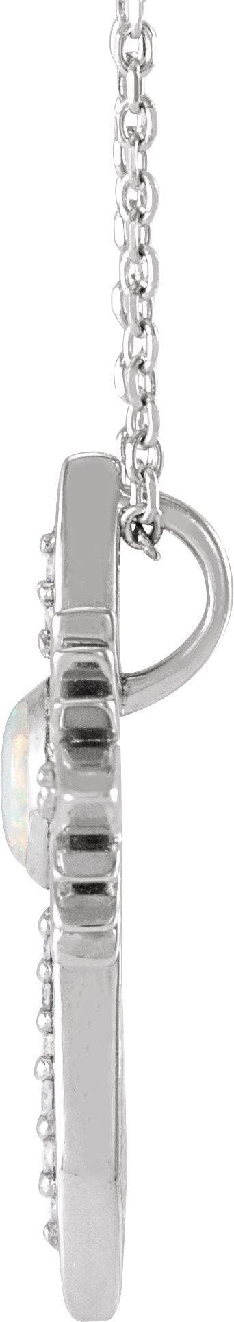 Platinum Oval Natural White Opal & Natural Diamond Accented Nativity Cross Necklace or Pendant - view 2
