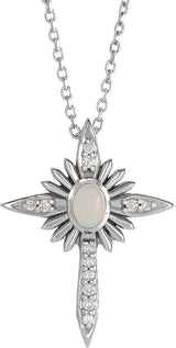 14K Gold Oval Natural White Opal & Natural Diamond Accented Nativity Cross Necklace or Pendant - White Gold