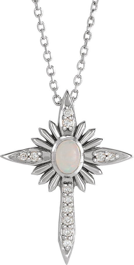 14K Gold Oval Natural White Opal & Natural Diamond Accented Nativity Cross Necklace or Pendant - White Gold