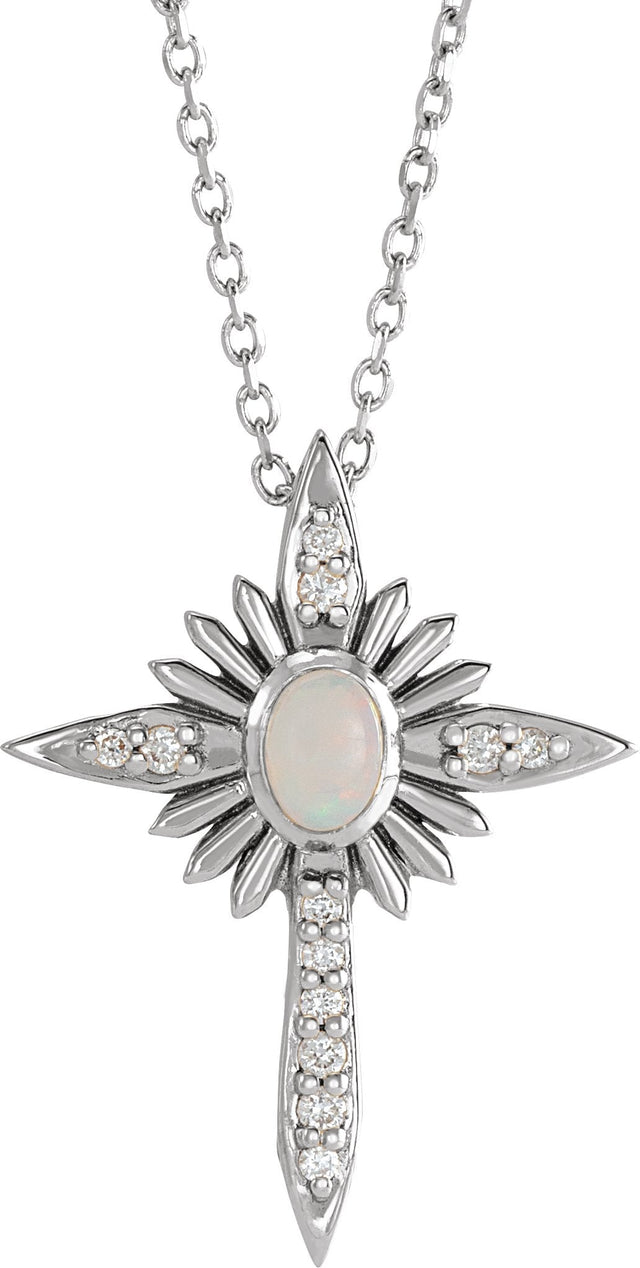 14K Gold Oval Natural White Opal & Natural Diamond Accented Nativity Cross Necklace or Pendant - White Gold