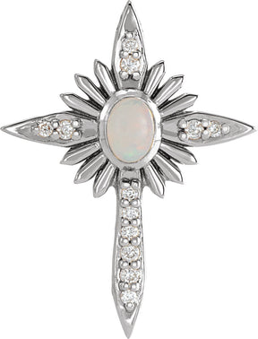 Platinum Oval Natural White Opal & Natural Diamond Accented Nativity Cross Necklace or Pendant