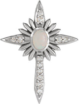 14K Gold Oval Natural White Opal & Natural Diamond Accented Nativity Cross Necklace or Pendant - White Gold