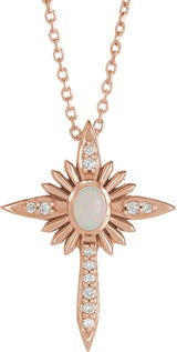 14K Gold Oval Natural White Opal & Natural Diamond Accented Nativity Cross Necklace or Pendant - Rose Gold