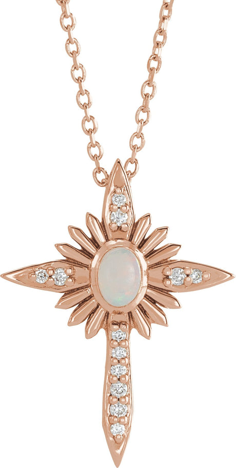 14K Gold Oval Natural White Opal & Natural Diamond Accented Nativity Cross Necklace or Pendant - Rose Gold