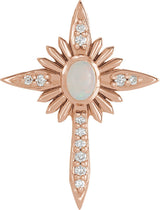 14K Gold Oval Natural White Opal & Natural Diamond Accented Nativity Cross Necklace or Pendant - Rose Gold