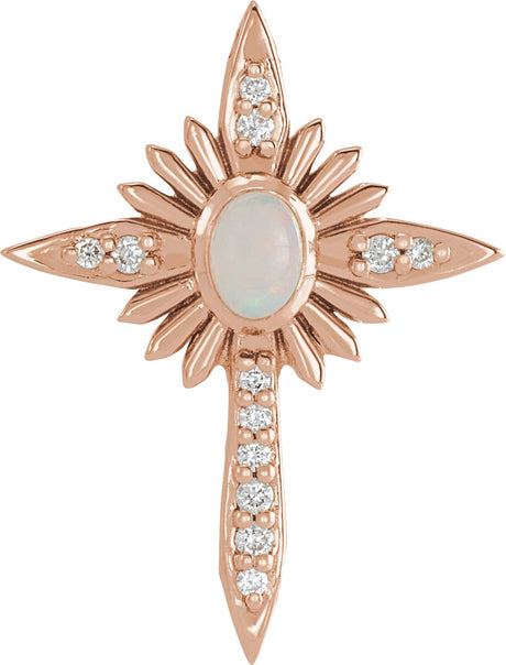 14K Gold Oval Natural White Opal & Natural Diamond Accented Nativity Cross Necklace or Pendant - Rose Gold