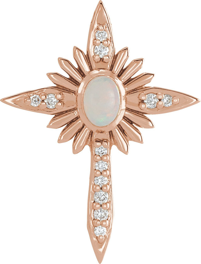 14K Gold Oval Natural White Opal & Natural Diamond Accented Nativity Cross Necklace or Pendant - Rose Gold