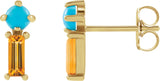 14K Gold Round Natural Turquoise & Natural Citrine Two-Stone Bar Earrings - Yellow Gold