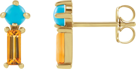 14K Gold Round Natural Turquoise & Natural Citrine Two-Stone Bar Earrings - Yellow Gold