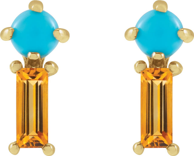 14K Gold Round Natural Turquoise & Natural Citrine Two-Stone Bar Earrings - Yellow Gold - view 2