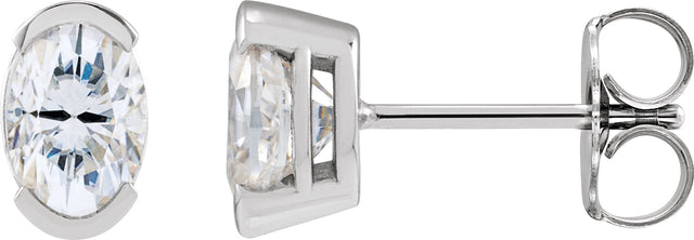 14K Gold Oval Lab-Grown Moissanite Half-Bezel Solitaire Stud Earrings - White Gold
