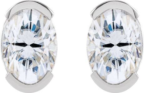 Platinum Oval Lab-Grown Moissanite Half-Bezel Solitaire Stud Earrings - view 2