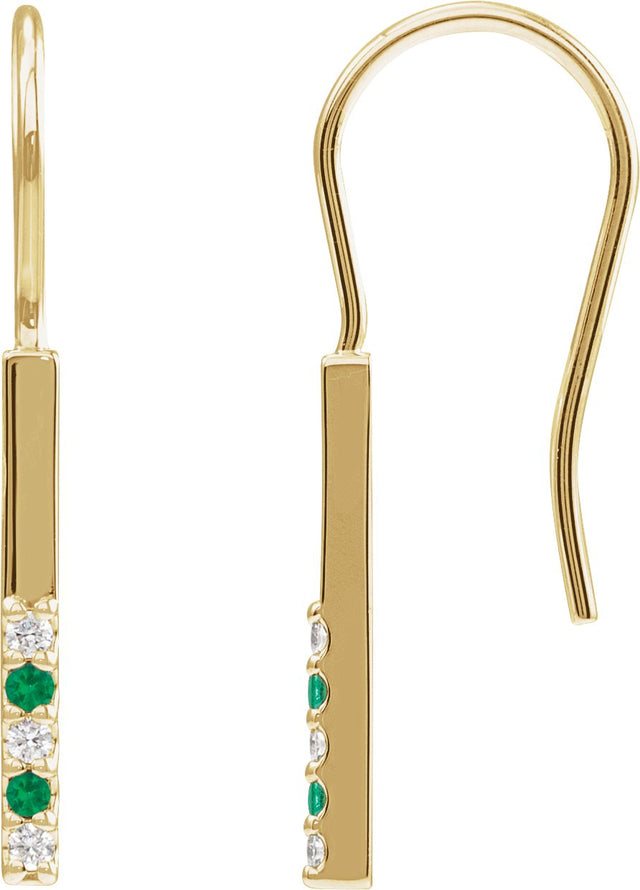 14K Gold Round Natural Emerald & Natural Diamond Accented Bar Earrings - Yellow Gold