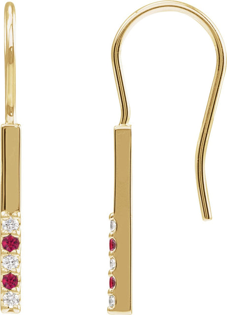 14K Gold Round Natural Ruby & Natural Diamond Accented Bar Earrings - Yellow Gold