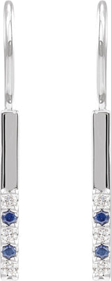Platinum Round Natural Blue Sapphire & Natural Diamond Accented Bar Earrings - view 2