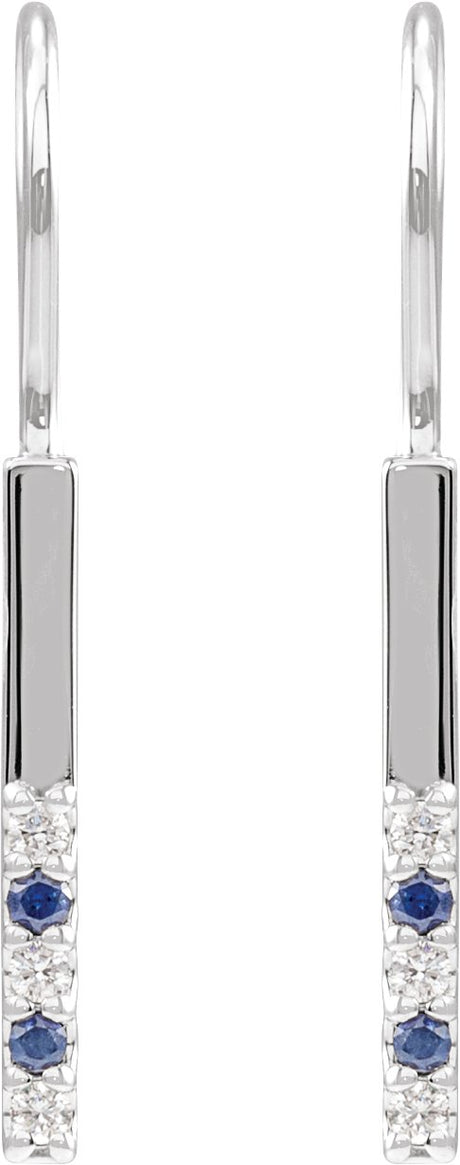 Platinum Round Natural Blue Sapphire & Natural Diamond Accented Bar Earrings - view 2
