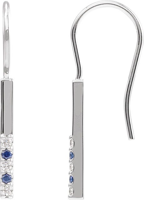 14K Gold Round Natural Blue Sapphire & Natural Diamond Accented Bar Earrings - White Gold