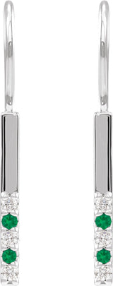 Platinum Round Natural Emerald & Natural Diamond Accented Bar Earrings - view 2