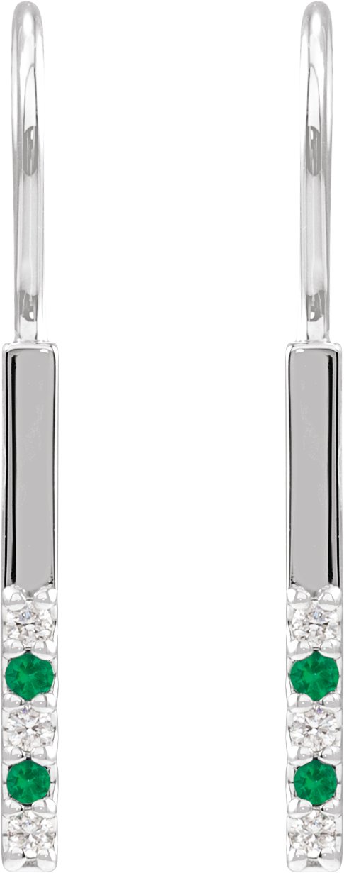 Platinum Round Natural Emerald & Natural Diamond Accented Bar Earrings - view 2