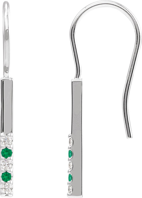 Platinum Round Natural Emerald & Natural Diamond Accented Bar Earrings