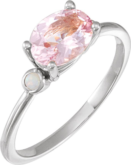 14K Gold Natural Pink Morganite & Natural White Opal Oval 4-Prong Accented Ring - White Gold