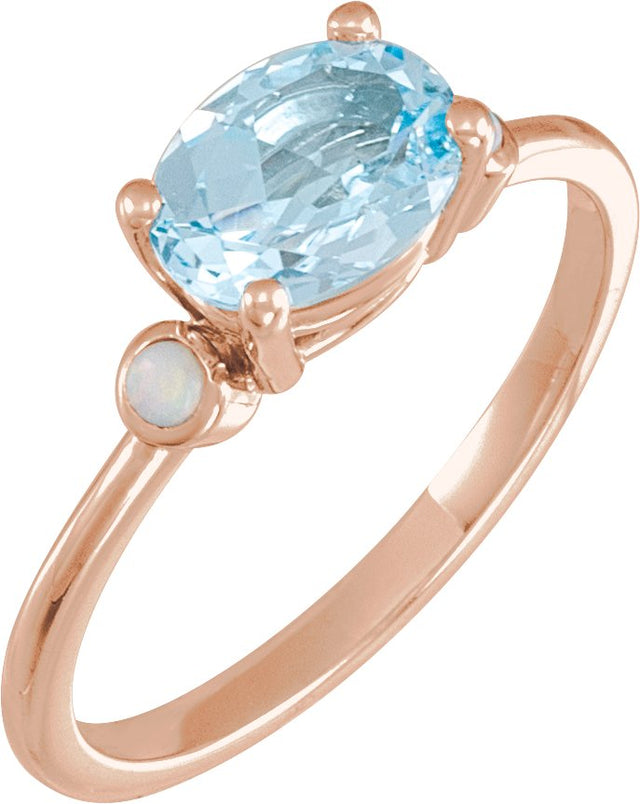 14K Gold Natural Sky Blue Topaz & Natural White Opal Oval 4-Prong Accented Ring - Rose Gold