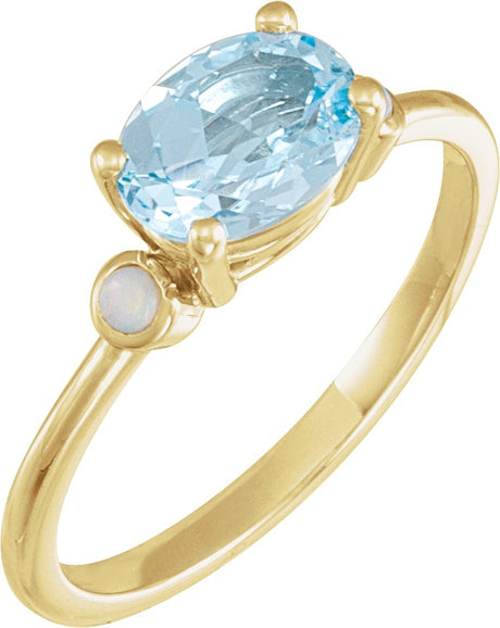 14K Gold Natural Sky Blue Topaz & Natural White Opal Oval 4-Prong Accented Ring - Yellow Gold