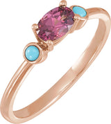14K Gold Natural Rhodolite Garnet & Natural Turquoise Oval 4-Prong Accented Ring - Rose Gold